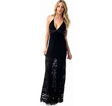 Sky Collection Solid Black Wafai Chic Lace Maxi Dress W/Leather Detail, Large