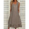 Women Polka Dots Sleeveless Summer Vacation Linen Cotton Midi Tank Dress Brown/XL
