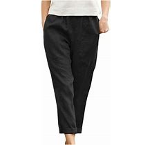 Ovbmpzd Women's Elastic Waist Casual Pants Solid Large Pockets Cotton Linen Straight Pants Trousers Black 3XL