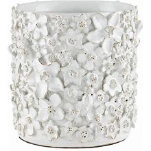 Jasmine French Country White Ceramic Floral Embossed Handmade Cachepot - Small | Kathy Kuo Home