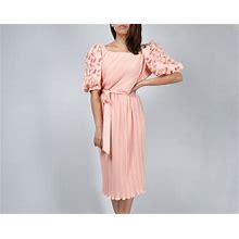 Vintage Puff Sleeve Dress - Medium | 70S Pale Pink Pleated M