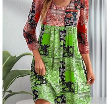 Allover Print Floral Print Dress, Women's Color Block Dress Loose Women's Clothing Sleeve Dress,Red,Green,Trending,Temu