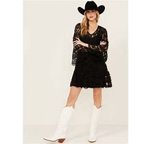 Scully Women's Lace Crochet Long Bell Sleeve Mini Dress - HC557-BLK