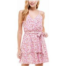 Crystal Dolls Womens Pink Belted Elasticized Waist Tiered Hem Floral Spaghetti Strap Surplice Neckline Above The Knee Fit + Flare Dress Petites XXS