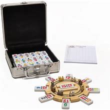 RNK Gaming Mexican Train Dominoes Set Double 12 Color With Numbers And Wooden Hub 8 Metal Trains And Aluminum Case