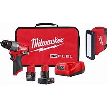 M12 FUEL 12V Lithium-Ion Brushless Cordless 1/2 in. Hammer Drill Kit W/M12 ROVER Service Light