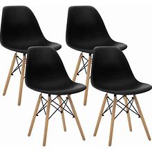 Canglong Modern Mid-Century Shell Lounge Plastic Natural Wooden Legs For Kitchen, Dining, Bedroom, Living Room Side Chairs, Set Of 4, Black