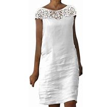 Fsqjgq Summer Dresses 2024 Womens Dress Short Sleeve Lace Crewneck Casual Dress For Women Boho Beach Loose White Dresses Party Clothing White M