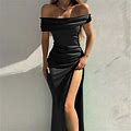 Dresses For Women 2023 Himiway Women's Fashion Solid Colour Shiny Stretch A-Line Neckline Sexy Split Dress Black L
