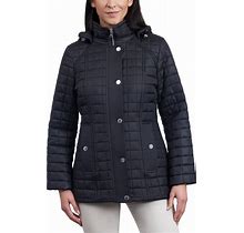 London Fog Women's Petite Hooded Quilted Water-Resistant Coat - Black - Size PXS