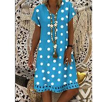 Women V-Neck Short Sleeve Hollow Polka Dot Summer Dress Blue / 3XL