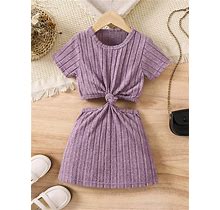 Young Girls' Casual Twist Knot Ribbed Knit Waist Cutout Dress,7Y