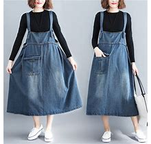 Casual A-Line Dress Womens Denim Baggy Overalls Suspender Skirts Long