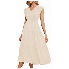 Uuszgmr Spring Dresses For Women 2024 Female Summer Casual Flutter Short Sleeve Crew Neck Smocked Waist Tiered Midi Dress Holiday Clothing,Size: M Bei