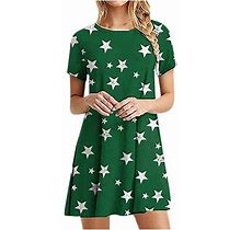 Xiuh Mini Dress For Women Fashion Print Loose Tank Dress Crew Neck T-Shirt Dress Short Sleeve Casual Flared Dress Green L