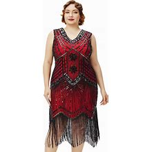 BABEYOND Women's Plus Size Flapper Dresses 1920S V Neck Beaded Fringed Great Gatsby Dress