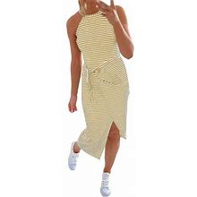 B91xz Women Summer Tunic Dress Sleeveless V Neck High Waist Ribbed Knit Pleated A-Line Dress,Yellow L