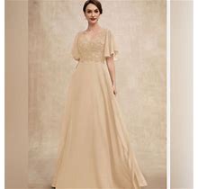 A-Line V-Neck Floor-Length Chiffon Lace Mother Of The Bride Dress With Sequins | Color: Cream/Tan | Size: 14