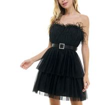 City Studios Juniors' Feather-Trim Strapless Fit & Flare Dress, Created For Macy's - Black