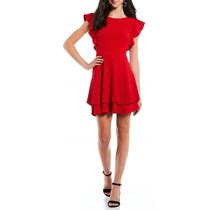 Midnight Doll Flutter Sleeve Double-Hem Fit Flare Dress, Womens, Juniors, XS, Red