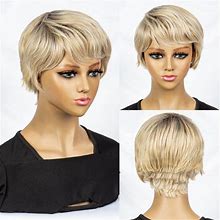 Short Pixie Wigs For Black White Women Natural Layered With Blonde Highlights Glueless Synthetic Pixie Cut Wigs Straight Short Hair Wigs