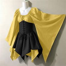 Vkekieo Sundresses For Women Jacket Dress Crew Neck Long Sleeve Printed Yellow Xxxxxl