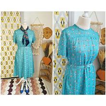 Vintage 70S Blue Dress, Aqua Blue Pattern Dress, Vintage Belted Dress, Vintage Mod Dress, Spring Day Dress, Elegant Smart Dress, Pleated