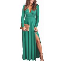 ANRABESS Women's Deep V Neck Short Sleeve Long Dresses Pleated High Waist Slit Club Party Evening Maxi Dress