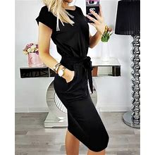 Women's Black Short Sleeve T Shirt Dress Tie Waist With Pockets