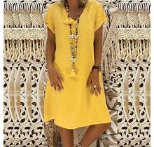 Asdoklhq Plus Size Tops For Women, Women Loose V-Neck Summer Solid Short Sleeve Cotton And Linen Dress