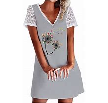 Odeerbi Dresses For Women 2024 Casual Dresses Erogenous Floral Print Short Sleeve Floral Print V-Neck Dress Gray