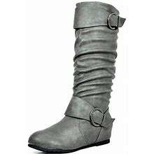 Dream Pairs Womens Wide-Calf Knee High Low Hidden Wedge Slouch Buckle Boots Ura Grey Size 7.5