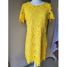 CALVIN KLEIN Sheath Dress Womens 8 Yellow Lace Crochet Floral Fully Lined