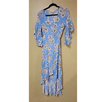 Womens Umgee Wrap Dress Size Medium Blue Floral Tassel Tie Waist High
