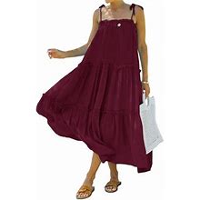 Calsunbaby Women's Summer Spaghetti Strap Long Maxi Dress High Low Ruffle Dress Loose Tiered Flowy Beach Long Dress Red Wine M