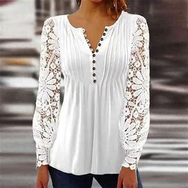 Women's Shirt Lace Shirt Blouse Plain Casual Lace Patchwork White Long Sleeve Elegant Vintage Fashion V Neck Spring Fall 2XL