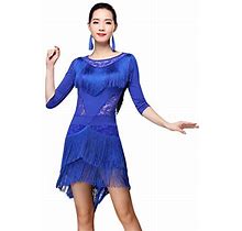 Zx Womens Latin Dance Dress Lace Neck 12 Sleeve High Low Fringe Salsa Tango Cha Cha Rumba Ballroom Dance Dress Tag L Royal Blue, Large