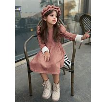 Young Girl Retro Color-Block Fuzzy Sleeve Cuffed Leg-Of-Mutton Sleeve Dress With Beret (Without Waist Chain),4Y