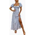 Women's Summer Puff Sleeve Floral Split Maxi Dress Flowy A Line Casual Beach Long Dresses