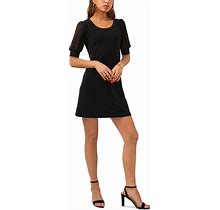Msk Petite Round-Neck Chiffon-Sleeve Swing Dress - Black - Size P/L
