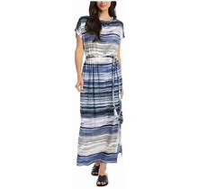 Karen Kane Womens Blue Stretch Slitted Striped Short Sleeve Boat Neck Tea-Length Wear To Work A-Line Dress XS