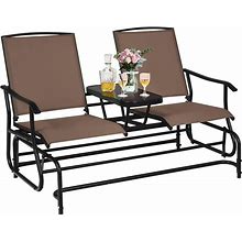 Reuniong 2-Person Outdoor Glider Chair, Patio Glider Bench Loveseat W/Tempered Glass Center Table & Sturdy Metal Frame, Brown