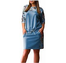 Spftem Fashion Women Plus Size Short Sleeve O-Neck Print Strappy Dress