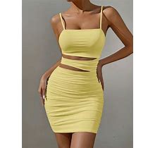 Barbie Cut Out Ruched Side Cami Bodycon Dress Yellow / L