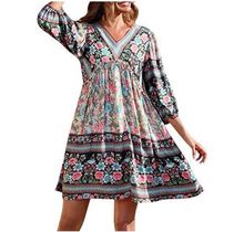 Fesfesfes Women's Spring Sun Dress Casual Short Sleeve Dresses Crewneck Floral Print Boho Dress High Waist Beach Dress Cute Mini Swing Flowy Dress