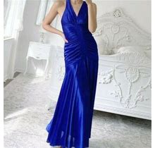 Vintage Joanna Chen Royal Blue Ruched Satin Evening Gown Prom Dress