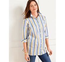Petite - Cotton Button Front Shirt - Spring Fling Stripe - White/Blue - Small Talbots