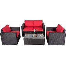 Kinbor Patio Set 4 Piece Outdoor Furniture PE Rattan Conversation Sofa With Coffee Table And Cushions, Red