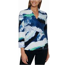Dkny Tops | Dkny Womens Blue 3/4 Sleeve Surplice Neckline Wear To Work Top Petites Pm | Color: Blue | Size: M