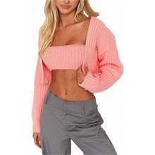 Liacowi Women 2 Pieces Sweater Sets Long Sleeve Crop Cardigan + Tube Tops Knit Button Knitwear Loose Crochet Clothes